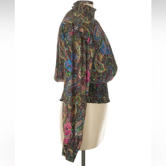 Lavender Brown Paisley & Floral Smocked Blouse with Mandarin Collar Size Large L - Picture 3 of 8